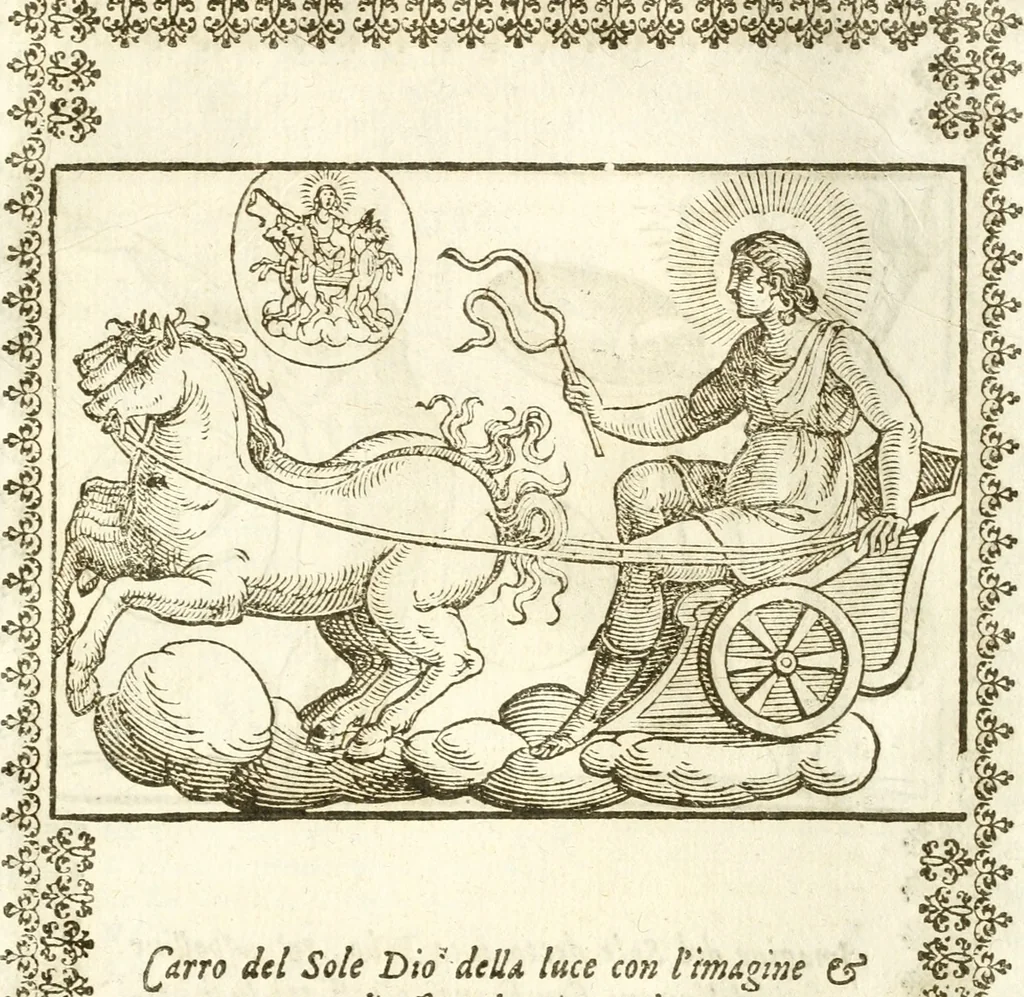 An illustration from Seconda nouissima editione delle Imagini de gli dei delli antichi di Vicenzo Cartari reggiano : ridotte da capo a piedi alle loro reali, & non più per l'adietro osseruate simiglianze : cauate da' marmi, bronzi, medaglie, gioie, & altre memorie antiche : con esquisito studio, & particolare diligenza, 1626, leaf 120