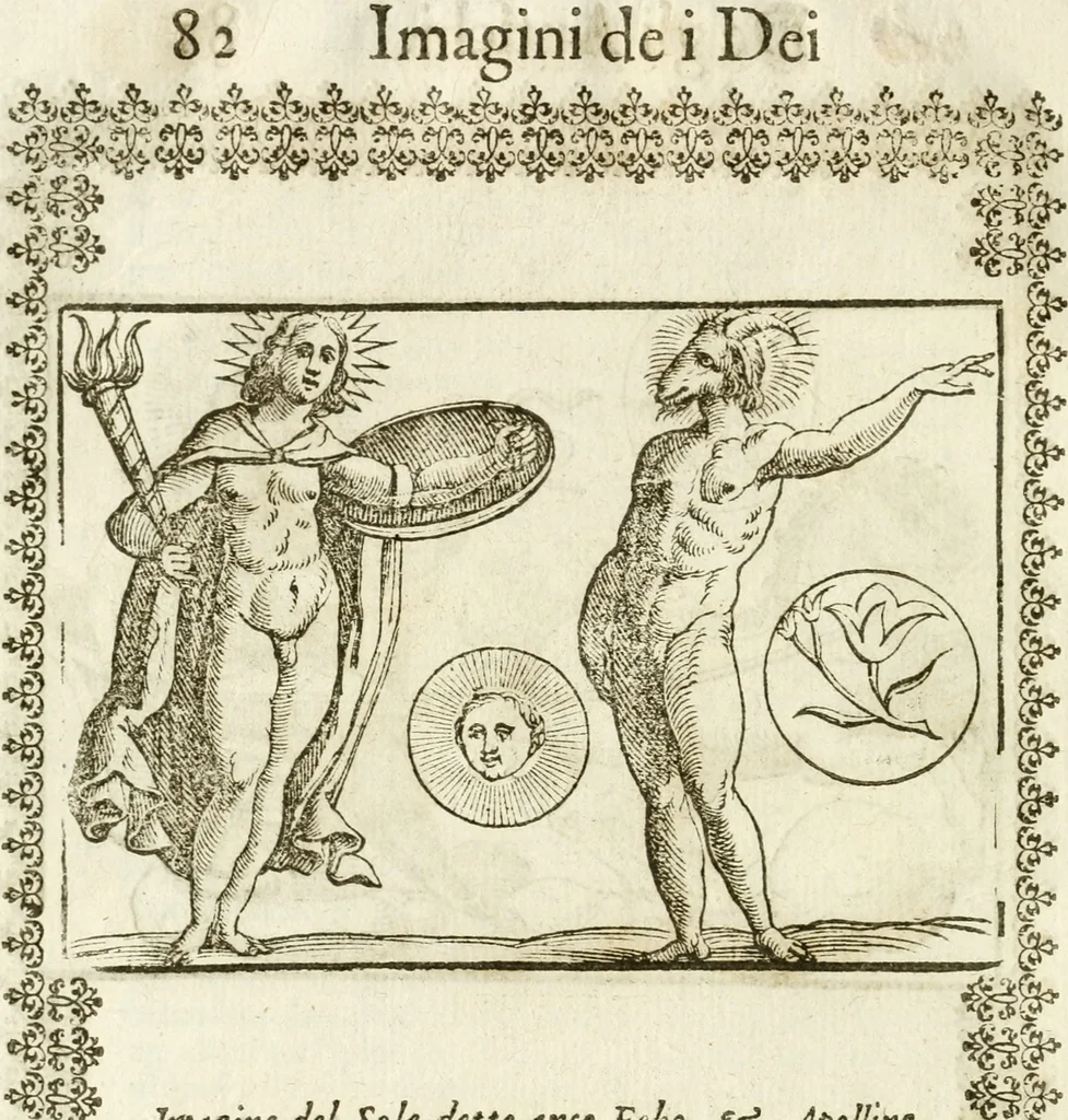 An illustration from Seconda nouissima editione delle Imagini de gli dei delli antichi di Vicenzo Cartari reggiano : ridotte da capo a piedi alle loro reali, & non più per l'adietro osseruate simiglianze : cauate da' marmi, bronzi, medaglie, gioie, & altre memorie antiche : con esquisito studio, & particolare diligenza, 1626, leaf 121