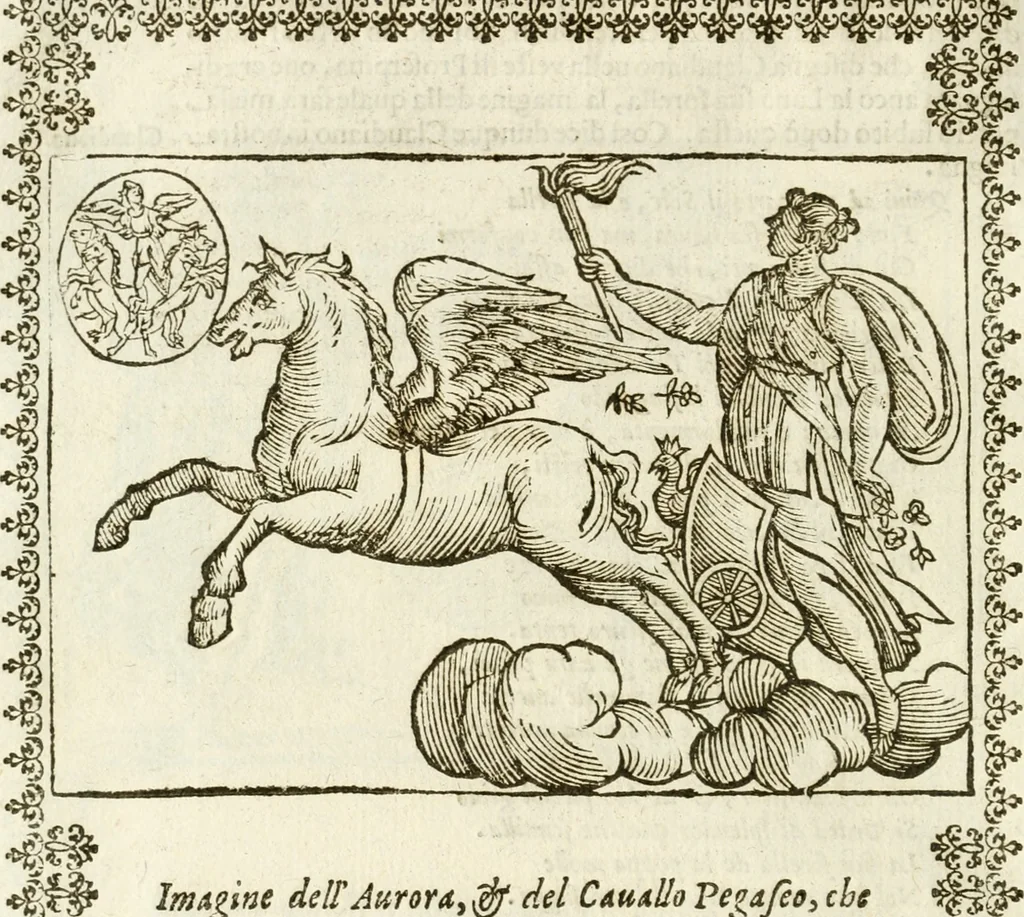 An illustration from Seconda nouissima editione delle Imagini de gli dei delli antichi di Vicenzo Cartari reggiano : ridotte da capo a piedi alle loro reali, & non più per l'adietro osseruate simiglianze : cauate da' marmi, bronzi, medaglie, gioie, & altre memorie antiche : con esquisito studio, & particolare diligenza, 1626, leaf 123