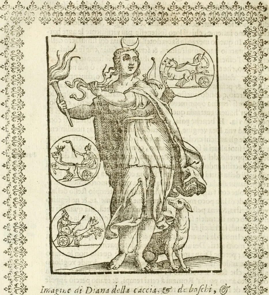 An illustration from Seconda nouissima editione delle Imagini de gli dei delli antichi di Vicenzo Cartari reggiano : ridotte da capo a piedi alle loro reali, & non più per l'adietro osseruate simiglianze : cauate da' marmi, bronzi, medaglie, gioie, & altre memorie antiche : con esquisito studio, & particolare diligenza, 1626, leaf 129