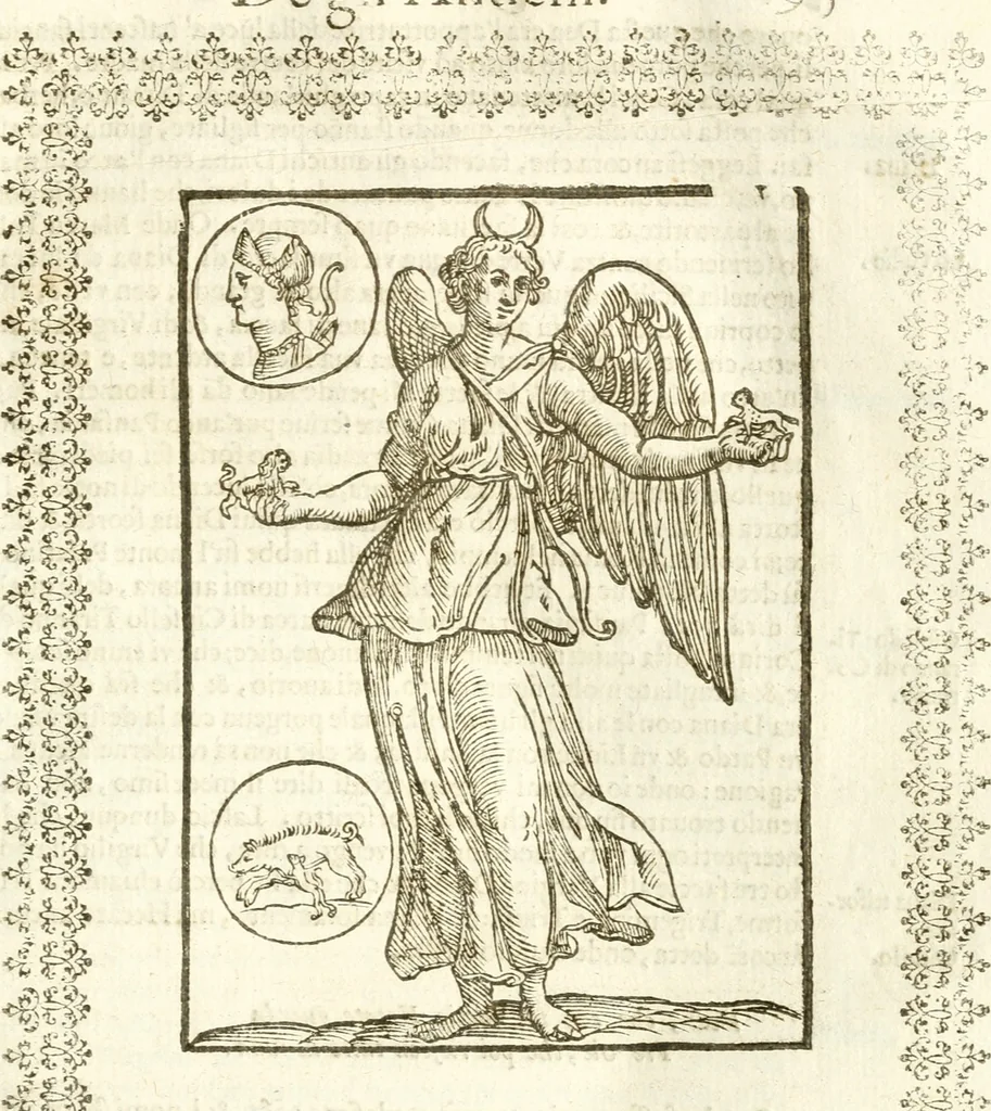 An illustration from Seconda nouissima editione delle Imagini de gli dei delli antichi di Vicenzo Cartari reggiano : ridotte da capo a piedi alle loro reali, & non più per l'adietro osseruate simiglianze : cauate da' marmi, bronzi, medaglie, gioie, & altre memorie antiche : con esquisito studio, & particolare diligenza, 1626, leaf 134