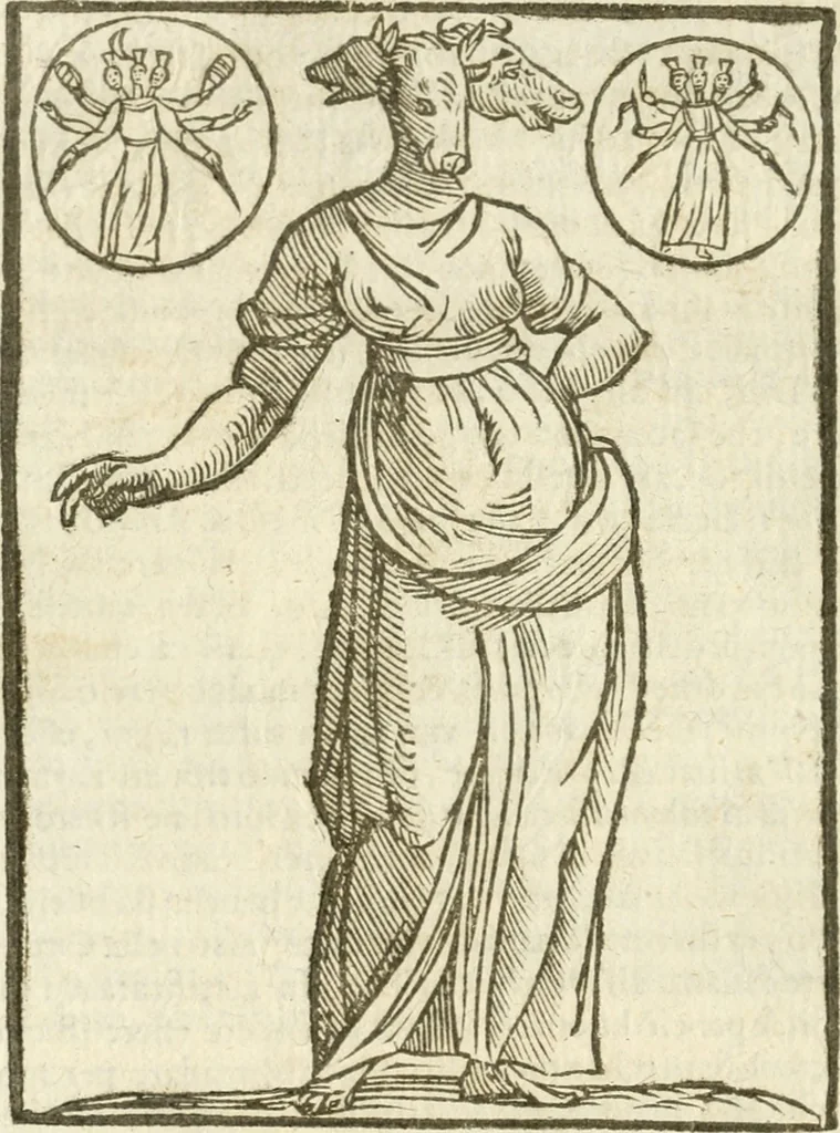 An illustration from Seconda nouissima editione delle Imagini de gli dei delli antichi di Vicenzo Cartari reggiano : ridotte da capo a piedi alle loro reali, & non più per l'adietro osseruate simiglianze : cauate da' marmi, bronzi, medaglie, gioie, & altre memorie antiche : con esquisito studio, & particolare diligenza, 1626, leaf 137