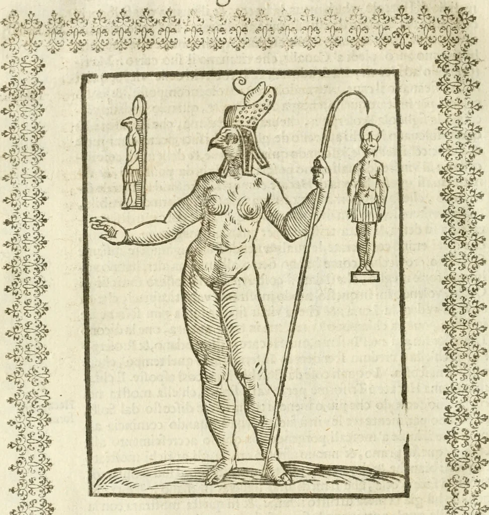 An illustration from Seconda nouissima editione delle Imagini de gli dei delli antichi di Vicenzo Cartari reggiano : ridotte da capo a piedi alle loro reali, & non più per l'adietro osseruate simiglianze : cauate da' marmi, bronzi, medaglie, gioie, & altre memorie antiche : con esquisito studio, & particolare diligenza, 1626, leaf 139