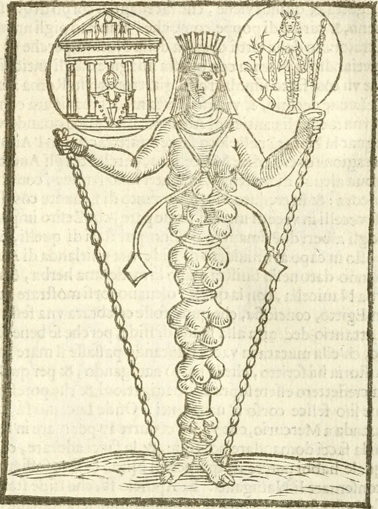 An illustration from Seconda nouissima editione delle Imagini de gli dei delli antichi di Vicenzo Cartari reggiano : ridotte da capo a piedi alle loro reali, & non più per l'adietro osseruate simiglianze : cauate da' marmi, bronzi, medaglie, gioie, & altre memorie antiche : con esquisito studio, & particolare diligenza, 1626, leaf 142