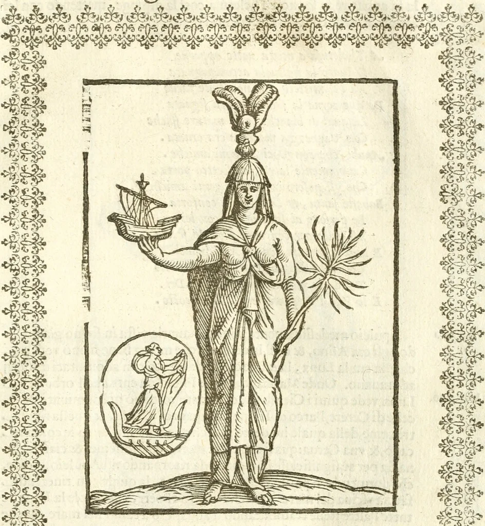 An illustration from Seconda nouissima editione delle Imagini de gli dei delli antichi di Vicenzo Cartari reggiano : ridotte da capo a piedi alle loro reali, & non più per l'adietro osseruate simiglianze : cauate da' marmi, bronzi, medaglie, gioie, & altre memorie antiche : con esquisito studio, & particolare diligenza, 1626, leaf 144