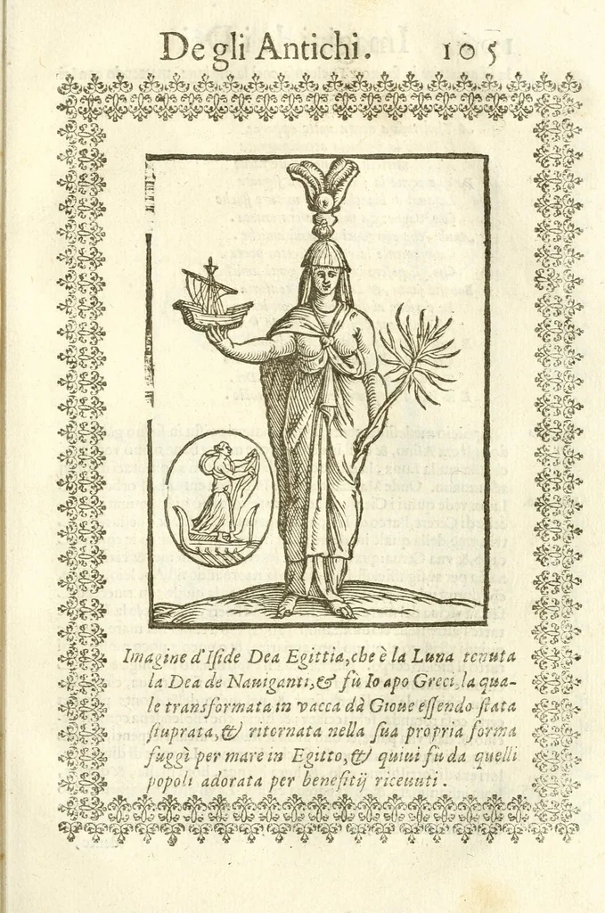 An illustration from Seconda nouissima editione delle Imagini de gli dei delli antichi di Vicenzo Cartari reggiano : ridotte da capo a piedi alle loro reali, & non più per l'adietro osseruate simiglianze : cauate da' marmi, bronzi, medaglie, gioie, & altre memorie antiche : con esquisito studio, & particolare diligenza, 1626, leaf 145