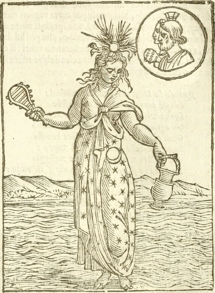An illustration from Seconda nouissima editione delle Imagini de gli dei delli antichi di Vicenzo Cartari reggiano : ridotte da capo a piedi alle loro reali, & non più per l'adietro osseruate simiglianze : cauate da' marmi, bronzi, medaglie, gioie, & altre memorie antiche : con esquisito studio, & particolare diligenza, 1626, leaf 146