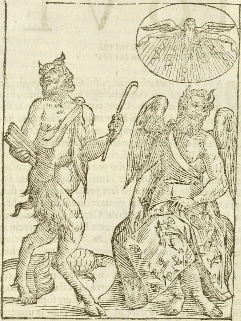 An illustration from Seconda nouissima editione delle Imagini de gli dei delli antichi di Vicenzo Cartari reggiano : ridotte da capo a piedi alle loro reali, & non più per l'adietro osseruate simiglianze : cauate da' marmi, bronzi, medaglie, gioie, & altre memorie antiche : con esquisito studio, & particolare diligenza, 1626, leaf 153