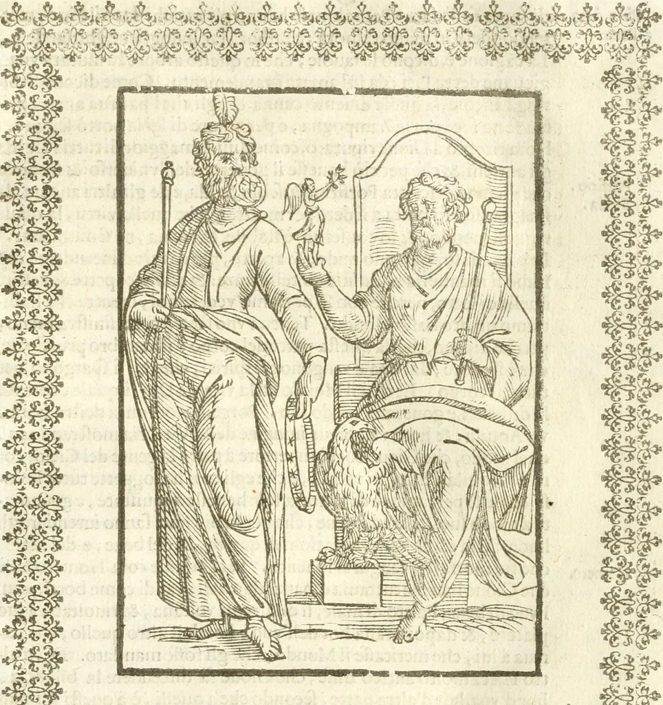 An illustration from Seconda nouissima editione delle Imagini de gli dei delli antichi di Vicenzo Cartari reggiano : ridotte da capo a piedi alle loro reali, & non più per l'adietro osseruate simiglianze : cauate da' marmi, bronzi, medaglie, gioie, & altre memorie antiche : con esquisito studio, & particolare diligenza, 1626, leaf 164