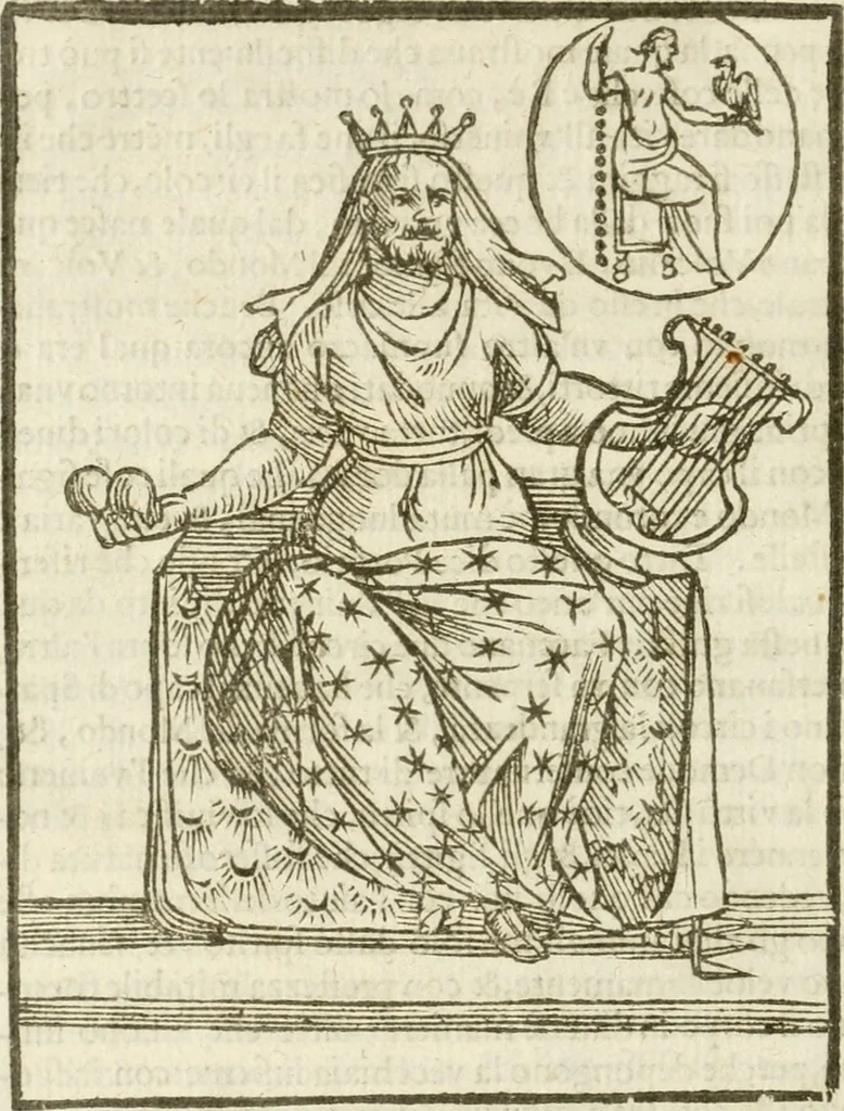 An illustration from Seconda nouissima editione delle Imagini de gli dei delli antichi di Vicenzo Cartari reggiano : ridotte da capo a piedi alle loro reali, & non più per l'adietro osseruate simiglianze : cauate da' marmi, bronzi, medaglie, gioie, & altre memorie antiche : con esquisito studio, & particolare diligenza, 1626, leaf 167