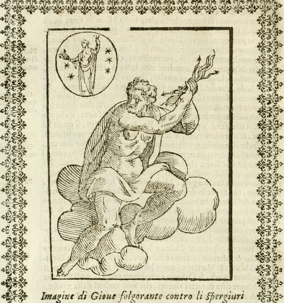 An illustration from Seconda nouissima editione delle Imagini de gli dei delli antichi di Vicenzo Cartari reggiano : ridotte da capo a piedi alle loro reali, & non più per l'adietro osseruate simiglianze : cauate da' marmi, bronzi, medaglie, gioie, & altre memorie antiche : con esquisito studio, & particolare diligenza, 1626, leaf 169