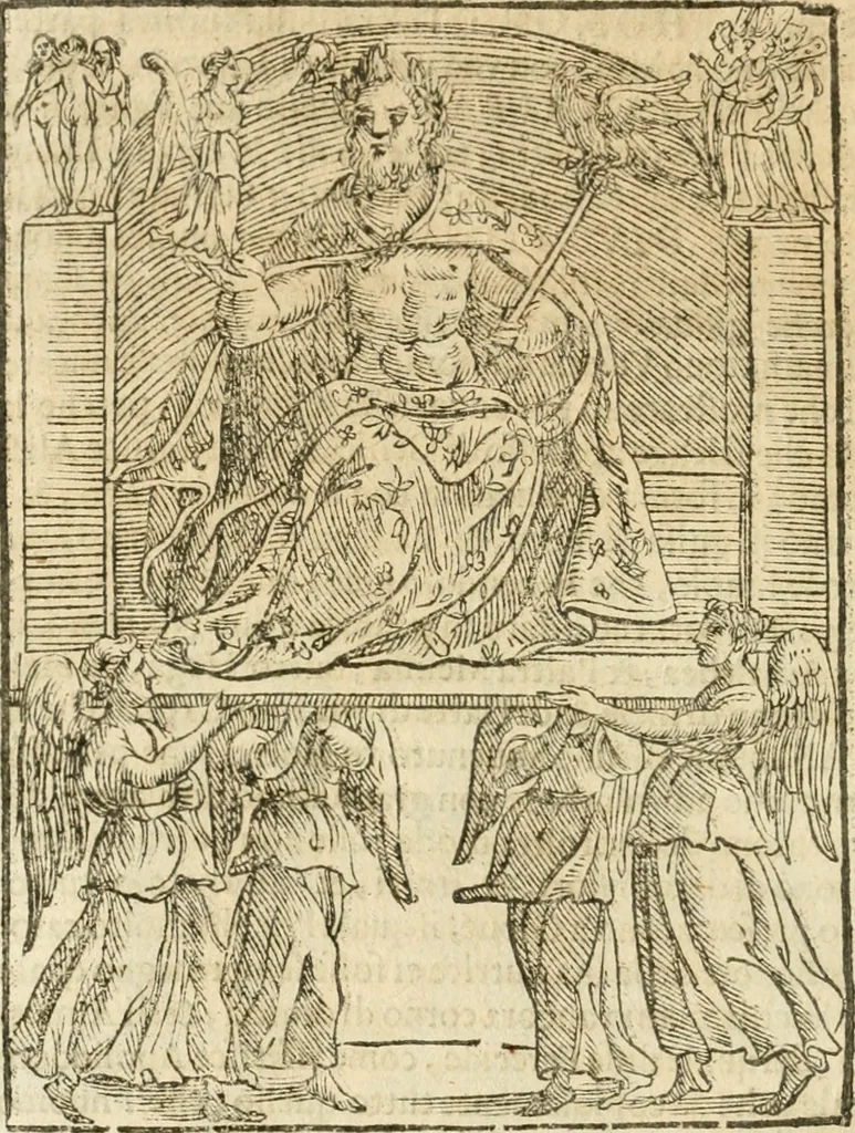 An illustration from Seconda nouissima editione delle Imagini de gli dei delli antichi di Vicenzo Cartari reggiano : ridotte da capo a piedi alle loro reali, & non più per l'adietro osseruate simiglianze : cauate da' marmi, bronzi, medaglie, gioie, & altre memorie antiche : con esquisito studio, & particolare diligenza, 1626, leaf 175