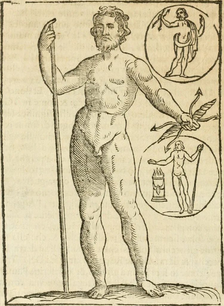 An illustration from Seconda nouissima editione delle Imagini de gli dei delli antichi di Vicenzo Cartari reggiano : ridotte da capo a piedi alle loro reali, & non più per l'adietro osseruate simiglianze : cauate da' marmi, bronzi, medaglie, gioie, & altre memorie antiche : con esquisito studio, & particolare diligenza, 1626, leaf 177