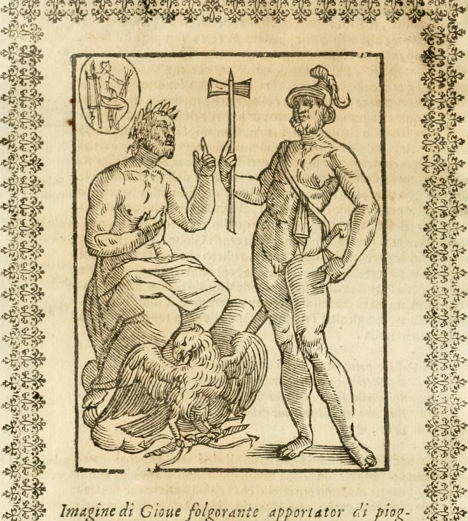 An illustration from Seconda nouissima editione delle Imagini de gli dei delli antichi di Vicenzo Cartari reggiano : ridotte da capo a piedi alle loro reali, & non più per l'adietro osseruate simiglianze : cauate da' marmi, bronzi, medaglie, gioie, & altre memorie antiche : con esquisito studio, & particolare diligenza, 1626, leaf 179