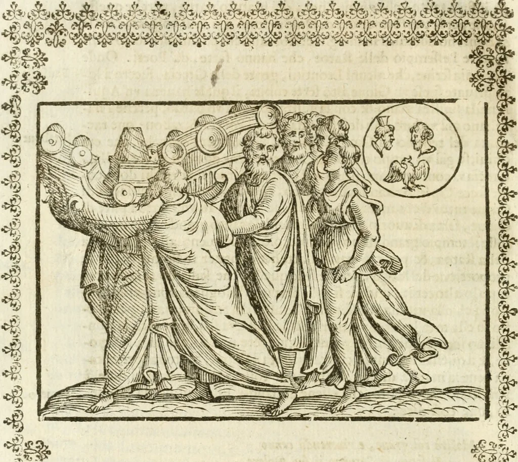 An illustration from Seconda nouissima editione delle Imagini de gli dei delli antichi di Vicenzo Cartari reggiano : ridotte da capo a piedi alle loro reali, & non più per l'adietro osseruate simiglianze : cauate da' marmi, bronzi, medaglie, gioie, & altre memorie antiche : con esquisito studio, & particolare diligenza, 1626, leaf 183