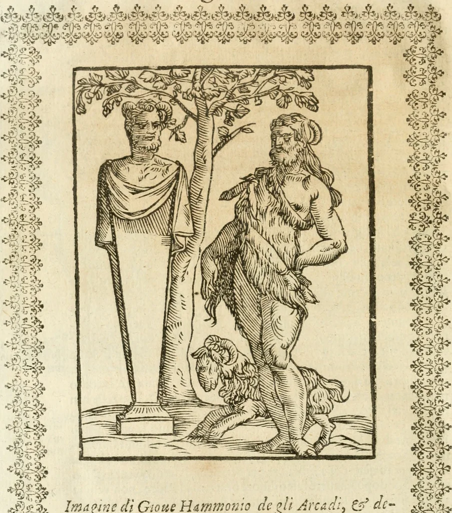 An illustration from Seconda nouissima editione delle Imagini de gli dei delli antichi di Vicenzo Cartari reggiano : ridotte da capo a piedi alle loro reali, & non più per l'adietro osseruate simiglianze : cauate da' marmi, bronzi, medaglie, gioie, & altre memorie antiche : con esquisito studio, & particolare diligenza, 1626, leaf 185