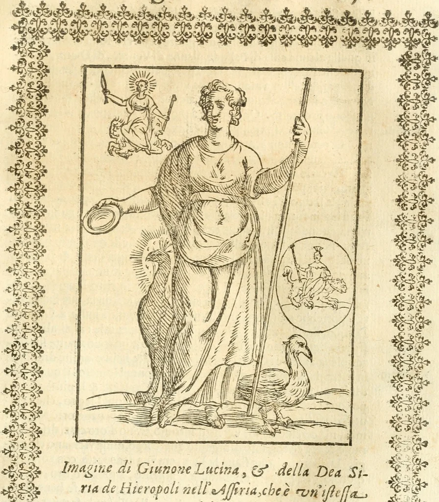 An illustration from Seconda nouissima editione delle Imagini de gli dei delli antichi di Vicenzo Cartari reggiano : ridotte da capo a piedi alle loro reali, & non più per l'adietro osseruate simiglianze : cauate da' marmi, bronzi, medaglie, gioie, & altre memorie antiche : con esquisito studio, & particolare diligenza, 1626, leaf 190