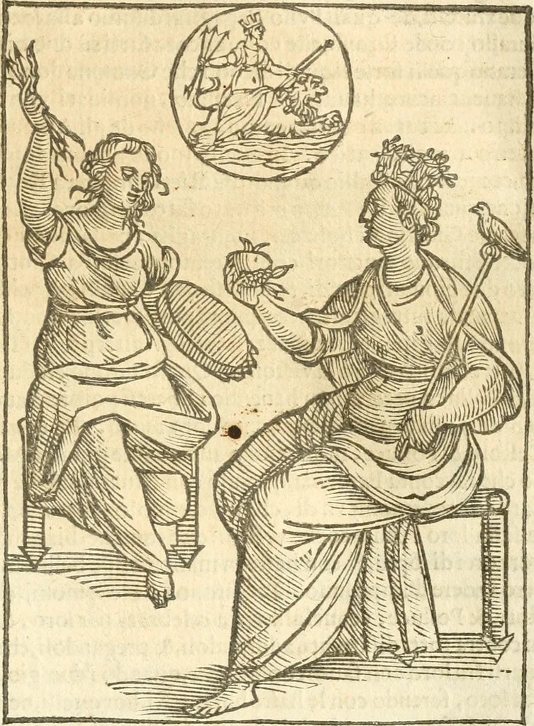 An illustration from Seconda nouissima editione delle Imagini de gli dei delli antichi di Vicenzo Cartari reggiano : ridotte da capo a piedi alle loro reali, & non più per l'adietro osseruate simiglianze : cauate da' marmi, bronzi, medaglie, gioie, & altre memorie antiche : con esquisito studio, & particolare diligenza, 1626, leaf 196