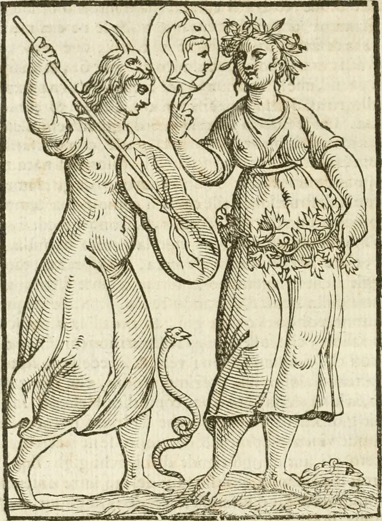 An illustration from Seconda nouissima editione delle Imagini de gli dei delli antichi di Vicenzo Cartari reggiano : ridotte da capo a piedi alle loro reali, & non più per l'adietro osseruate simiglianze : cauate da' marmi, bronzi, medaglie, gioie, & altre memorie antiche : con esquisito studio, & particolare diligenza, 1626, leaf 203