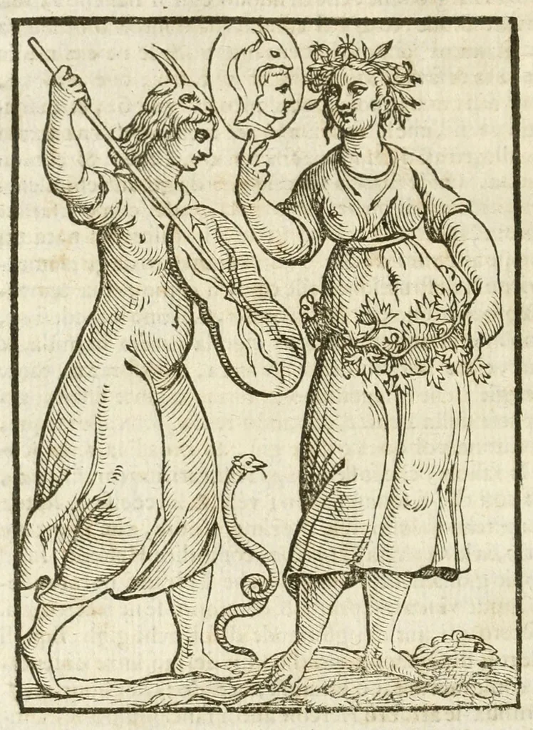 An illustration from Seconda nouissima editione delle Imagini de gli dei delli antichi di Vicenzo Cartari reggiano : ridotte da capo a piedi alle loro reali, & non più per l'adietro osseruate simiglianze : cauate da' marmi, bronzi, medaglie, gioie, & altre memorie antiche : con esquisito studio, & particolare diligenza, 1626, leaf 204