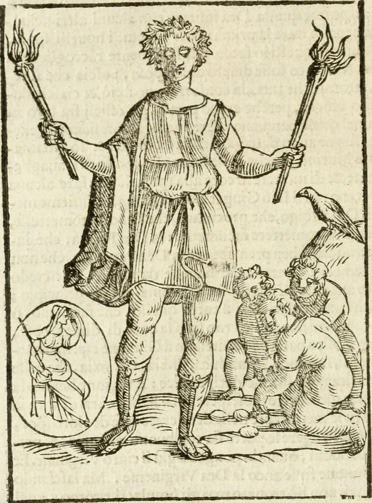 An illustration from Seconda nouissima editione delle Imagini de gli dei delli antichi di Vicenzo Cartari reggiano : ridotte da capo a piedi alle loro reali, & non più per l'adietro osseruate simiglianze : cauate da' marmi, bronzi, medaglie, gioie, & altre memorie antiche : con esquisito studio, & particolare diligenza, 1626, leaf 209