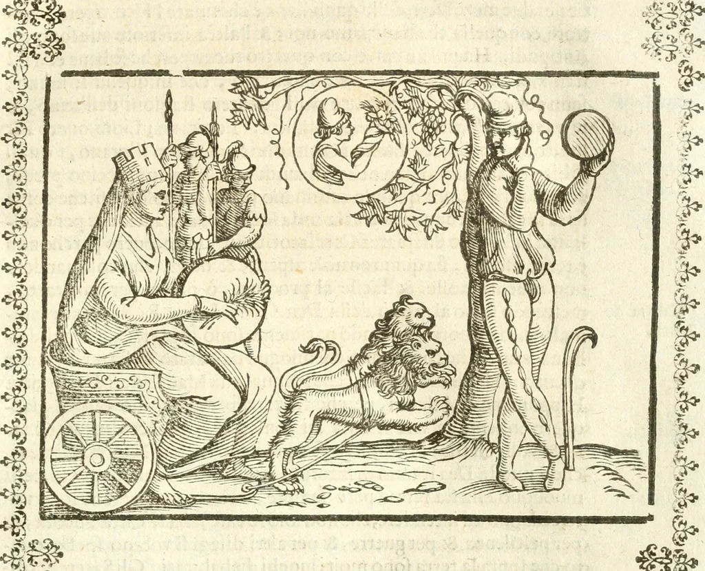 An illustration from Seconda nouissima editione delle Imagini de gli dei delli antichi di Vicenzo Cartari reggiano : ridotte da capo a piedi alle loro reali, & non più per l'adietro osseruate simiglianze : cauate da' marmi, bronzi, medaglie, gioie, & altre memorie antiche : con esquisito studio, & particolare diligenza, 1626, leaf 214