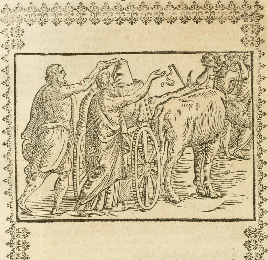 An illustration from Seconda nouissima editione delle Imagini de gli dei delli antichi di Vicenzo Cartari reggiano : ridotte da capo a piedi alle loro reali, & non più per l'adietro osseruate simiglianze : cauate da' marmi, bronzi, medaglie, gioie, & altre memorie antiche : con esquisito studio, & particolare diligenza, 1626, leaf 219