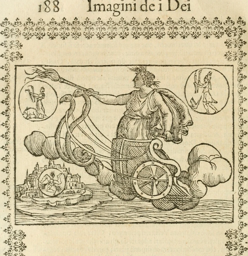 An illustration from Seconda nouissima editione delle Imagini de gli dei delli antichi di Vicenzo Cartari reggiano : ridotte da capo a piedi alle loro reali, & non più per l'adietro osseruate simiglianze : cauate da' marmi, bronzi, medaglie, gioie, & altre memorie antiche : con esquisito studio, & particolare diligenza, 1626, leaf 227