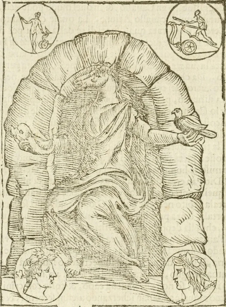 An illustration from Seconda nouissima editione delle Imagini de gli dei delli antichi di Vicenzo Cartari reggiano : ridotte da capo a piedi alle loro reali, & non più per l'adietro osseruate simiglianze : cauate da' marmi, bronzi, medaglie, gioie, & altre memorie antiche : con esquisito studio, & particolare diligenza, 1626, leaf 233