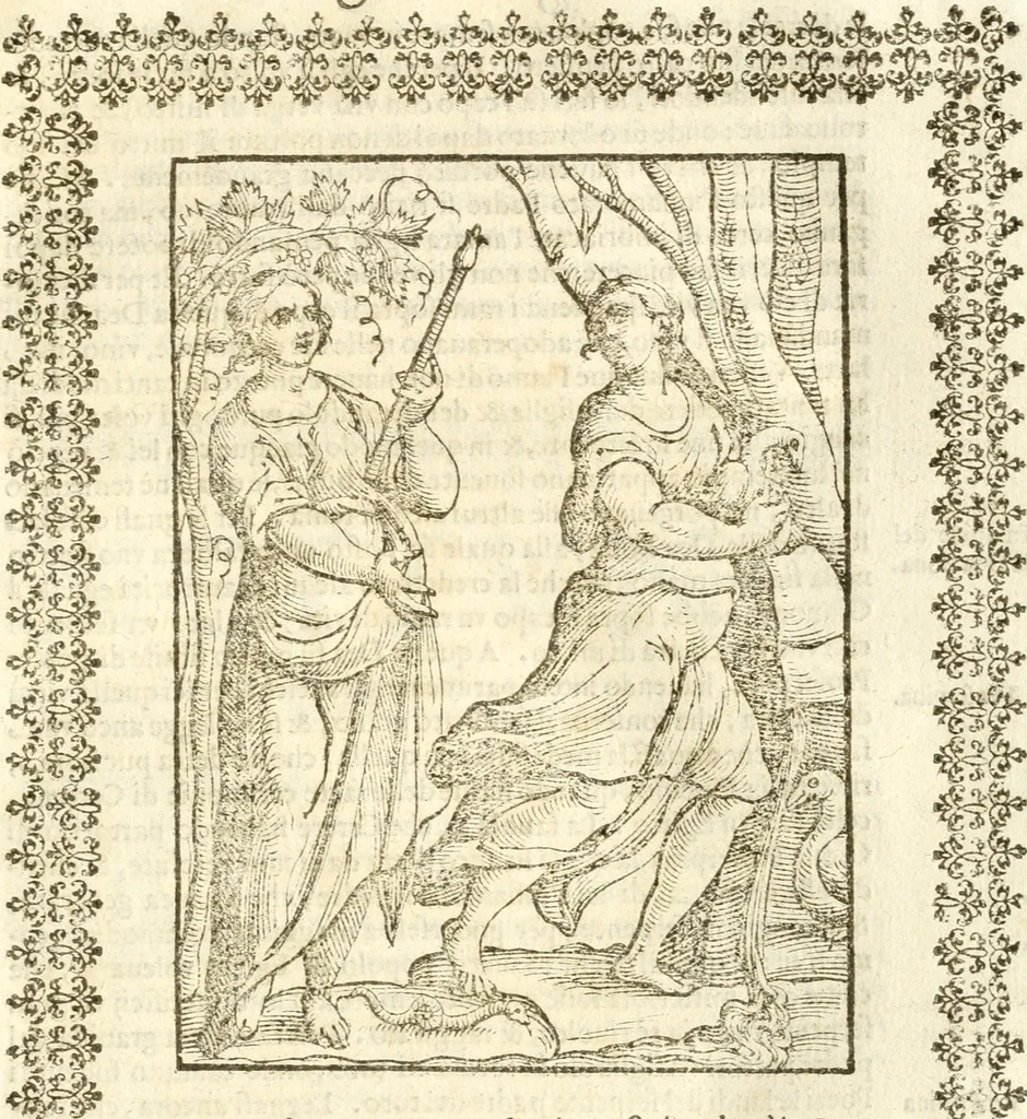 An illustration from Seconda nouissima editione delle Imagini de gli dei delli antichi di Vicenzo Cartari reggiano : ridotte da capo a piedi alle loro reali, & non più per l'adietro osseruate simiglianze : cauate da' marmi, bronzi, medaglie, gioie, & altre memorie antiche : con esquisito studio, & particolare diligenza, 1626, leaf 238