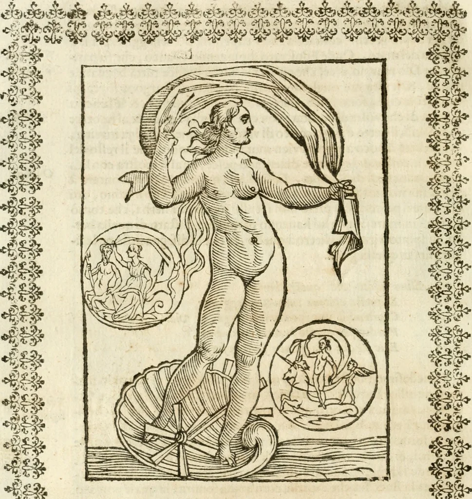 An illustration from Seconda nouissima editione delle Imagini de gli dei delli antichi di Vicenzo Cartari reggiano : ridotte da capo a piedi alle loro reali, & non più per l'adietro osseruate simiglianze : cauate da' marmi, bronzi, medaglie, gioie, & altre memorie antiche : con esquisito studio, & particolare diligenza, 1626, leaf 243