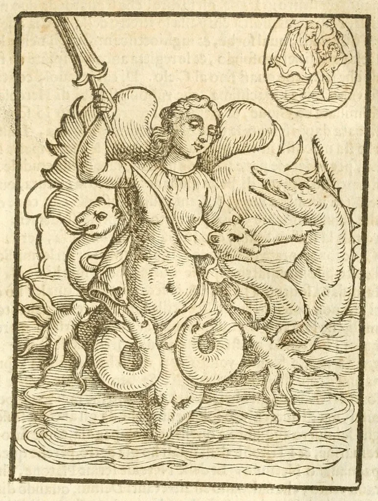 An illustration from Seconda nouissima editione delle Imagini de gli dei delli antichi di Vicenzo Cartari reggiano : ridotte da capo a piedi alle loro reali, & non più per l'adietro osseruate simiglianze : cauate da' marmi, bronzi, medaglie, gioie, & altre memorie antiche : con esquisito studio, & particolare diligenza, 1626, leaf 249