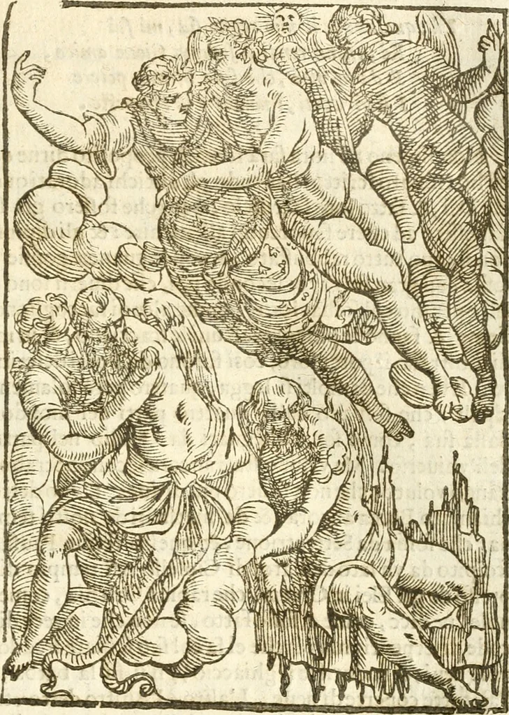 An illustration from Seconda nouissima editione delle Imagini de gli dei delli antichi di Vicenzo Cartari reggiano : ridotte da capo a piedi alle loro reali, & non più per l'adietro osseruate simiglianze : cauate da' marmi, bronzi, medaglie, gioie, & altre memorie antiche : con esquisito studio, & particolare diligenza, 1626, leaf 258