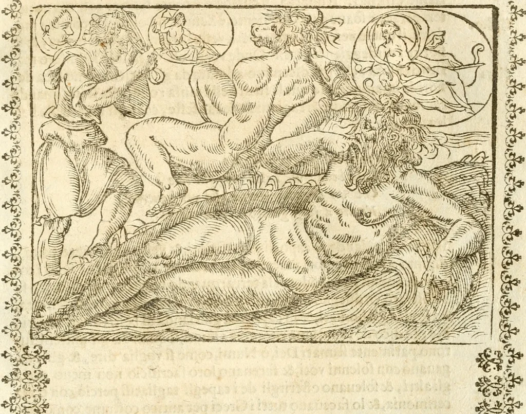 An illustration from Seconda nouissima editione delle Imagini de gli dei delli antichi di Vicenzo Cartari reggiano : ridotte da capo a piedi alle loro reali, & non più per l'adietro osseruate simiglianze : cauate da' marmi, bronzi, medaglie, gioie, & altre memorie antiche : con esquisito studio, & particolare diligenza, 1626, leaf 260