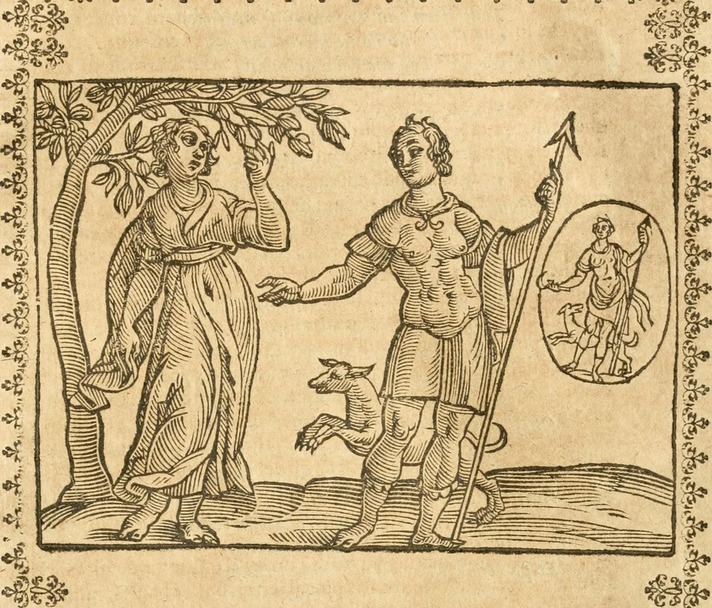 An illustration from Seconda nouissima editione delle Imagini de gli dei delli antichi di Vicenzo Cartari reggiano : ridotte da capo a piedi alle loro reali, & non più per l'adietro osseruate simiglianze : cauate da' marmi, bronzi, medaglie, gioie, & altre memorie antiche : con esquisito studio, & particolare diligenza, 1626, leaf 266