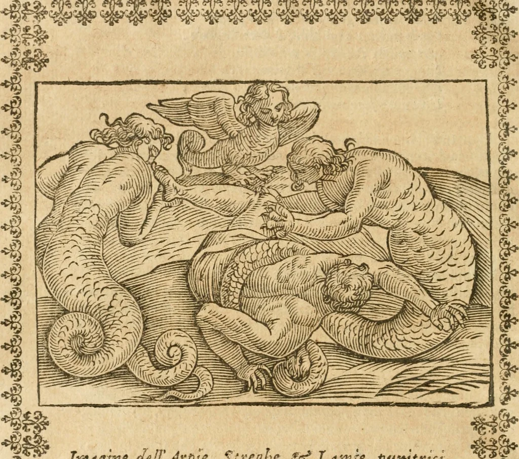An illustration from Seconda nouissima editione delle Imagini de gli dei delli antichi di Vicenzo Cartari reggiano : ridotte da capo a piedi alle loro reali, & non più per l'adietro osseruate simiglianze : cauate da' marmi, bronzi, medaglie, gioie, & altre memorie antiche : con esquisito studio, & particolare diligenza, 1626, leaf 283
