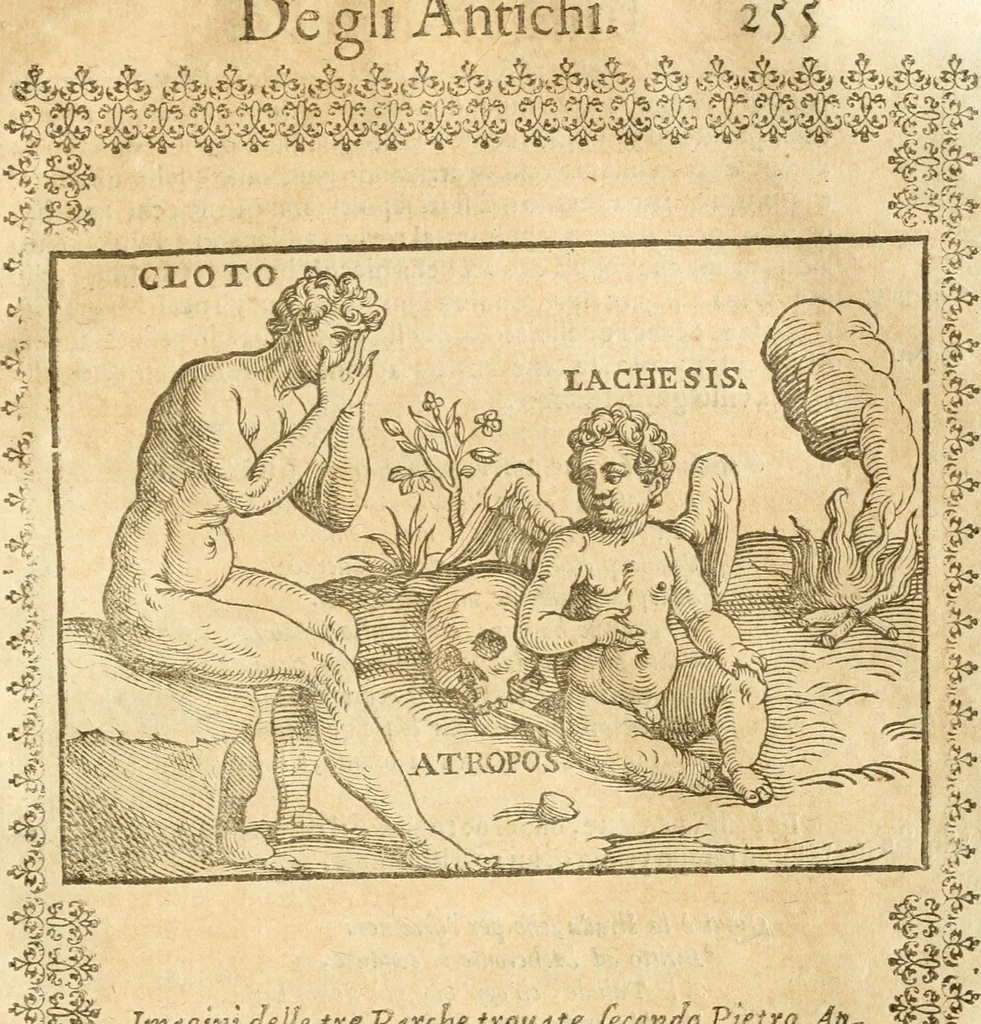 An illustration from Seconda nouissima editione delle Imagini de gli dei delli antichi di Vicenzo Cartari reggiano : ridotte da capo a piedi alle loro reali, & non più per l'adietro osseruate simiglianze : cauate da' marmi, bronzi, medaglie, gioie, & altre memorie antiche : con esquisito studio, & particolare diligenza, 1626, leaf 294