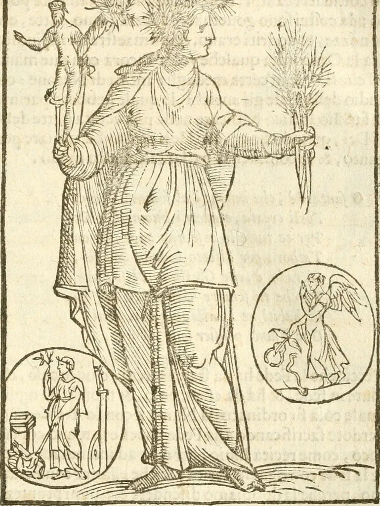 An illustration from Seconda nouissima editione delle Imagini de gli dei delli antichi di Vicenzo Cartari reggiano : ridotte da capo a piedi alle loro reali, & non più per l'adietro osseruate simiglianze : cauate da' marmi, bronzi, medaglie, gioie, & altre memorie antiche : con esquisito studio, & particolare diligenza, 1626, leaf 304