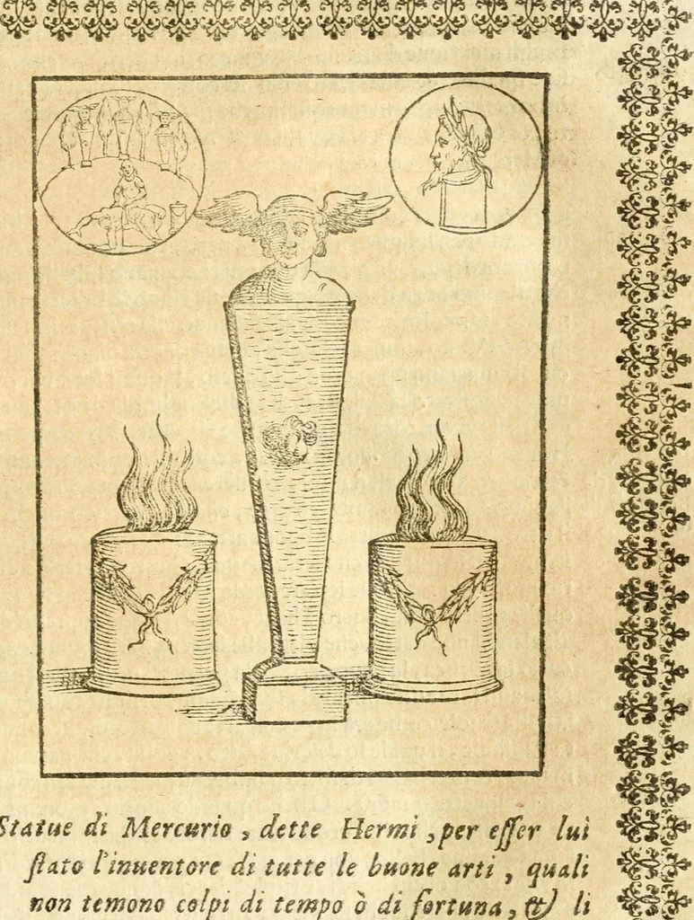 An illustration from Seconda nouissima editione delle Imagini de gli dei delli antichi di Vicenzo Cartari reggiano : ridotte da capo a piedi alle loro reali, & non più per l'adietro osseruate simiglianze : cauate da' marmi, bronzi, medaglie, gioie, & altre memorie antiche : con esquisito studio, & particolare diligenza, 1626, leaf 310