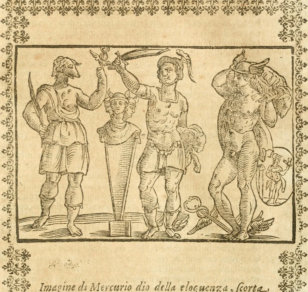 An illustration from Seconda nouissima editione delle Imagini de gli dei delli antichi di Vicenzo Cartari reggiano : ridotte da capo a piedi alle loro reali, & non più per l'adietro osseruate simiglianze : cauate da' marmi, bronzi, medaglie, gioie, & altre memorie antiche : con esquisito studio, & particolare diligenza, 1626, leaf 318
