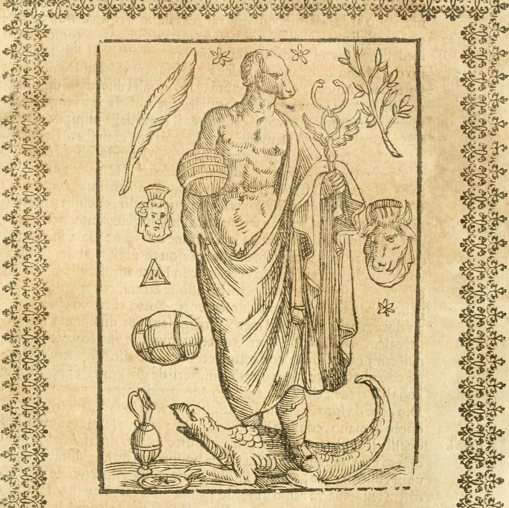 An illustration from Seconda nouissima editione delle Imagini de gli dei delli antichi di Vicenzo Cartari reggiano : ridotte da capo a piedi alle loro reali, & non più per l'adietro osseruate simiglianze : cauate da' marmi, bronzi, medaglie, gioie, & altre memorie antiche : con esquisito studio, & particolare diligenza, 1626, leaf 320