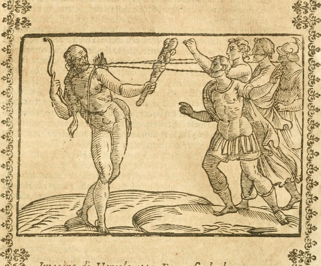 An illustration from Seconda nouissima editione delle Imagini de gli dei delli antichi di Vicenzo Cartari reggiano : ridotte da capo a piedi alle loro reali, & non più per l'adietro osseruate simiglianze : cauate da' marmi, bronzi, medaglie, gioie, & altre memorie antiche : con esquisito studio, & particolare diligenza, 1626, leaf 322