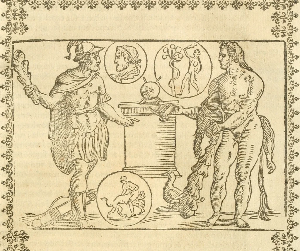 An illustration from Seconda nouissima editione delle Imagini de gli dei delli antichi di Vicenzo Cartari reggiano : ridotte da capo a piedi alle loro reali, & non più per l'adietro osseruate simiglianze : cauate da' marmi, bronzi, medaglie, gioie, & altre memorie antiche : con esquisito studio, & particolare diligenza, 1626, leaf 326