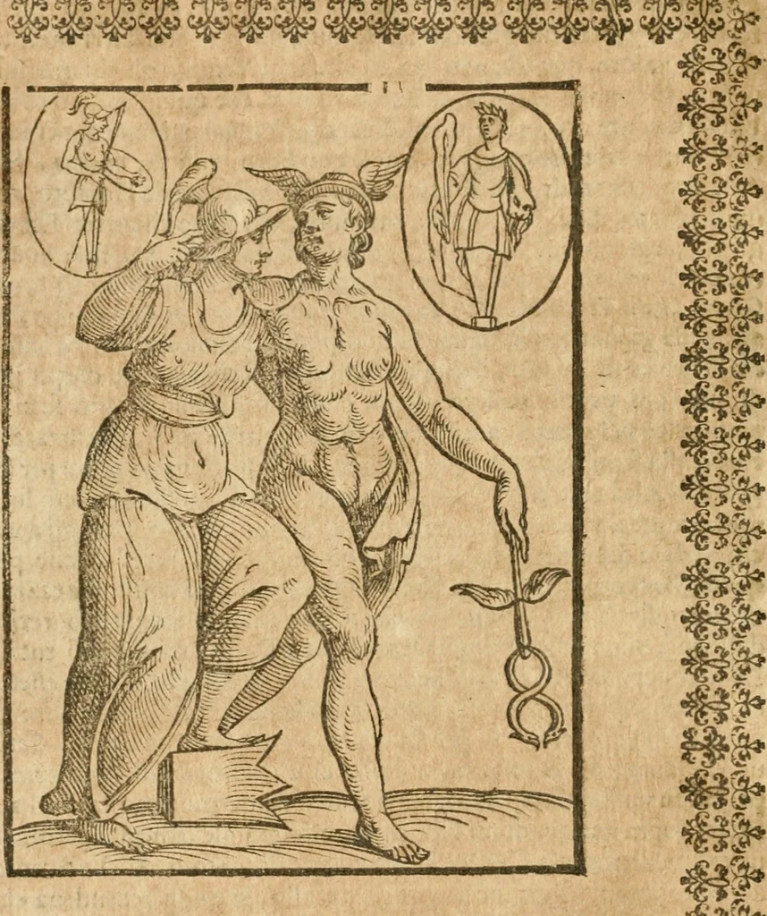 An illustration from Seconda nouissima editione delle Imagini de gli dei delli antichi di Vicenzo Cartari reggiano : ridotte da capo a piedi alle loro reali, & non più per l'adietro osseruate simiglianze : cauate da' marmi, bronzi, medaglie, gioie, & altre memorie antiche : con esquisito studio, & particolare diligenza, 1626, leaf 333