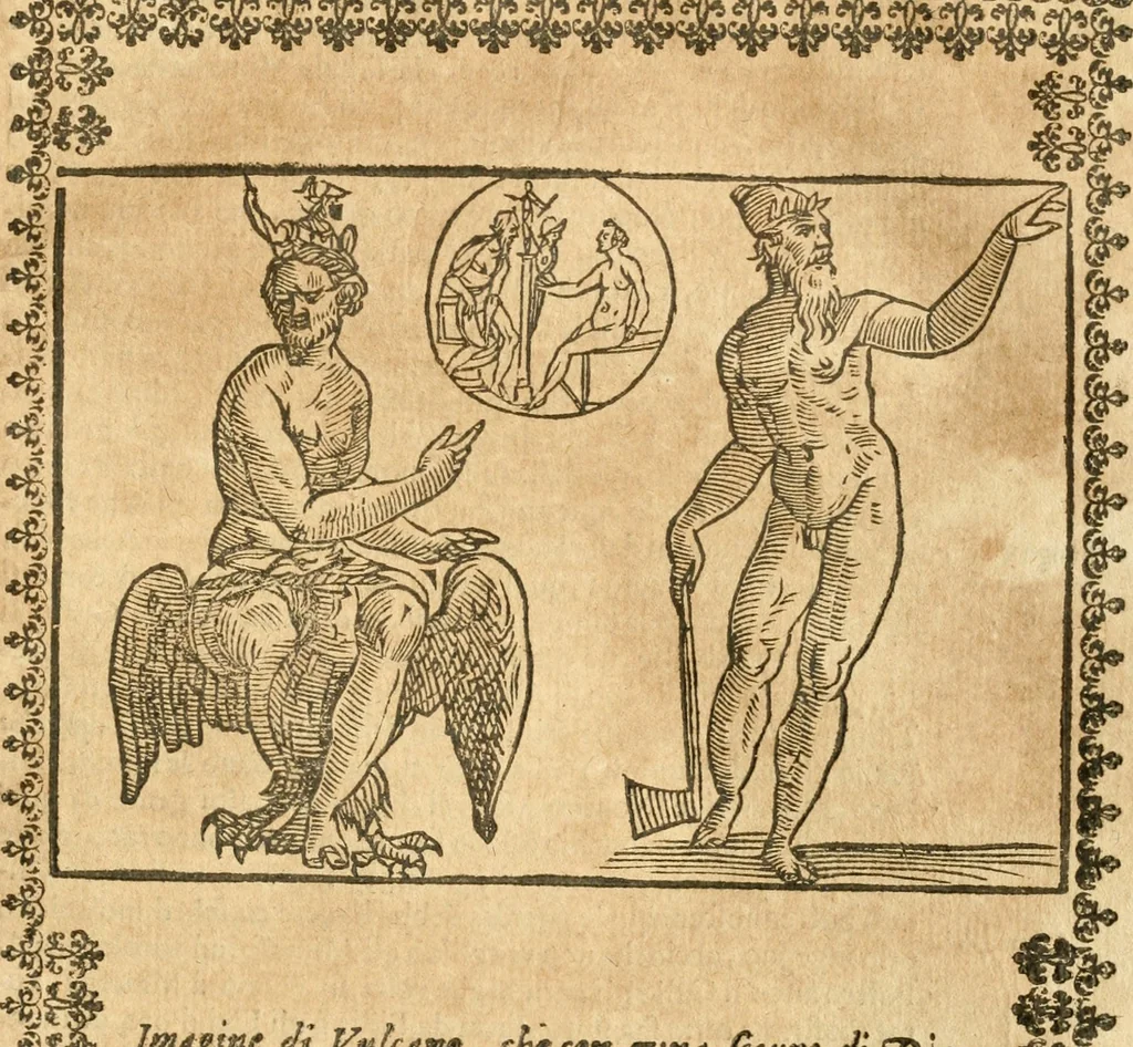 An illustration from Seconda nouissima editione delle Imagini de gli dei delli antichi di Vicenzo Cartari reggiano : ridotte da capo a piedi alle loro reali, & non più per l'adietro osseruate simiglianze : cauate da' marmi, bronzi, medaglie, gioie, & altre memorie antiche : con esquisito studio, & particolare diligenza, 1626, leaf 336