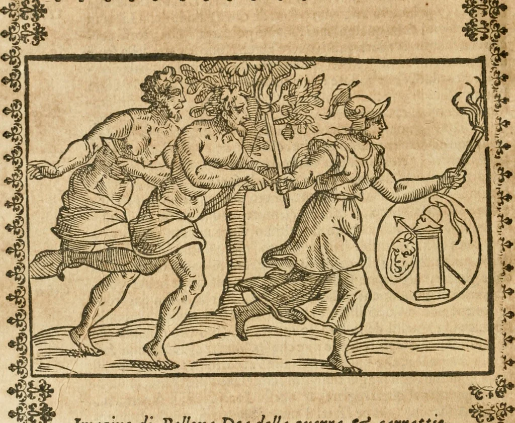 An illustration from Seconda nouissima editione delle Imagini de gli dei delli antichi di Vicenzo Cartari reggiano : ridotte da capo a piedi alle loro reali, & non più per l'adietro osseruate simiglianze : cauate da' marmi, bronzi, medaglie, gioie, & altre memorie antiche : con esquisito studio, & particolare diligenza, 1626, leaf 339