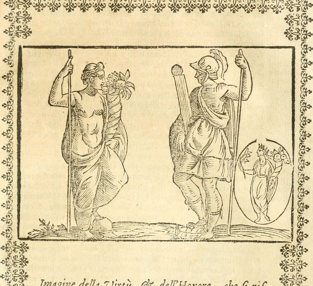 An illustration from Seconda nouissima editione delle Imagini de gli dei delli antichi di Vicenzo Cartari reggiano : ridotte da capo a piedi alle loro reali, & non più per l'adietro osseruate simiglianze : cauate da' marmi, bronzi, medaglie, gioie, & altre memorie antiche : con esquisito studio, & particolare diligenza, 1626, leaf 344