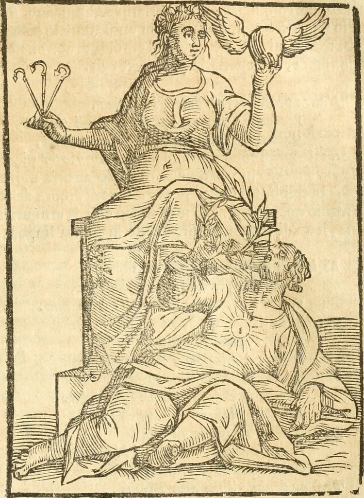 An illustration from Seconda nouissima editione delle Imagini de gli dei delli antichi di Vicenzo Cartari reggiano : ridotte da capo a piedi alle loro reali, & non più per l'adietro osseruate simiglianze : cauate da' marmi, bronzi, medaglie, gioie, & altre memorie antiche : con esquisito studio, & particolare diligenza, 1626, leaf 346