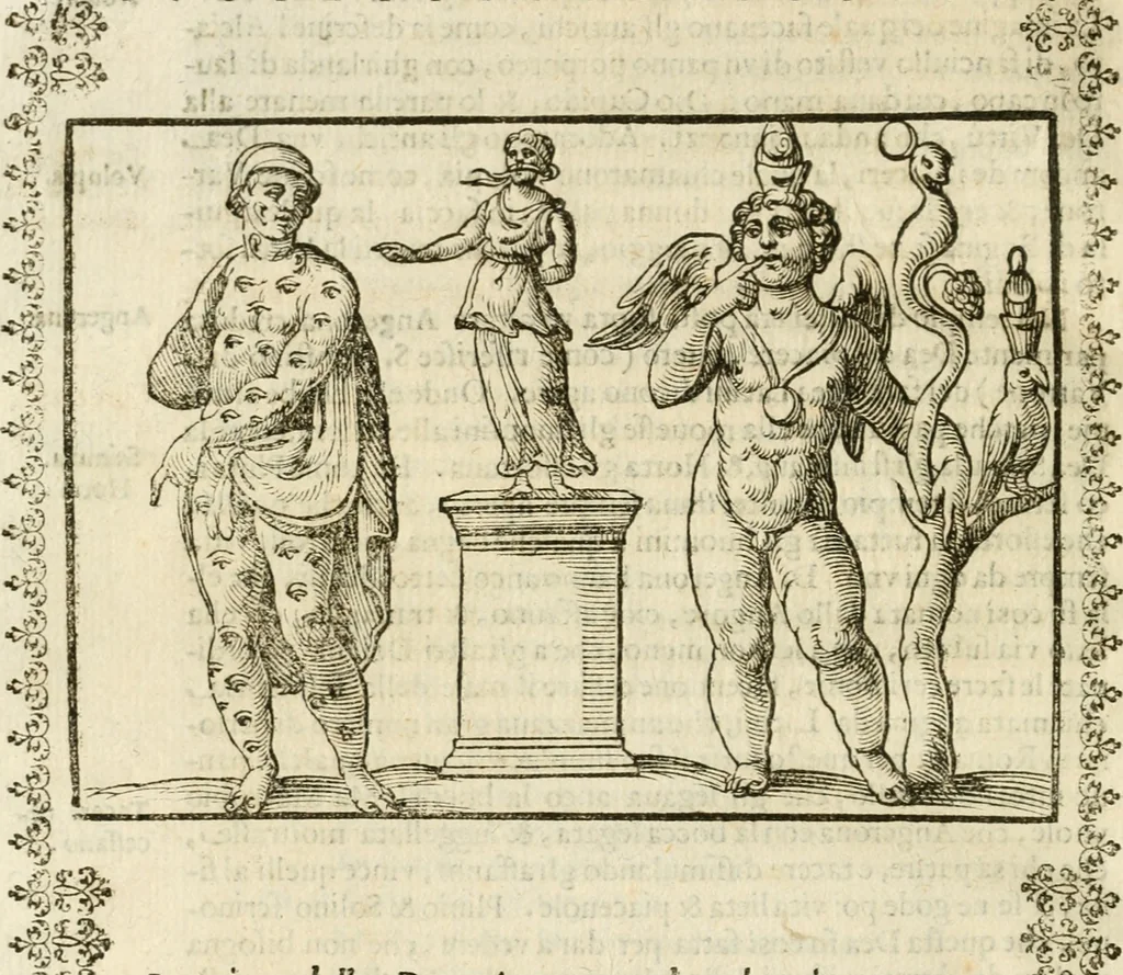 An illustration from Seconda nouissima editione delle Imagini de gli dei delli antichi di Vicenzo Cartari reggiano : ridotte da capo a piedi alle loro reali, & non più per l'adietro osseruate simiglianze : cauate da' marmi, bronzi, medaglie, gioie, & altre memorie antiche : con esquisito studio, & particolare diligenza, 1626, leaf 349