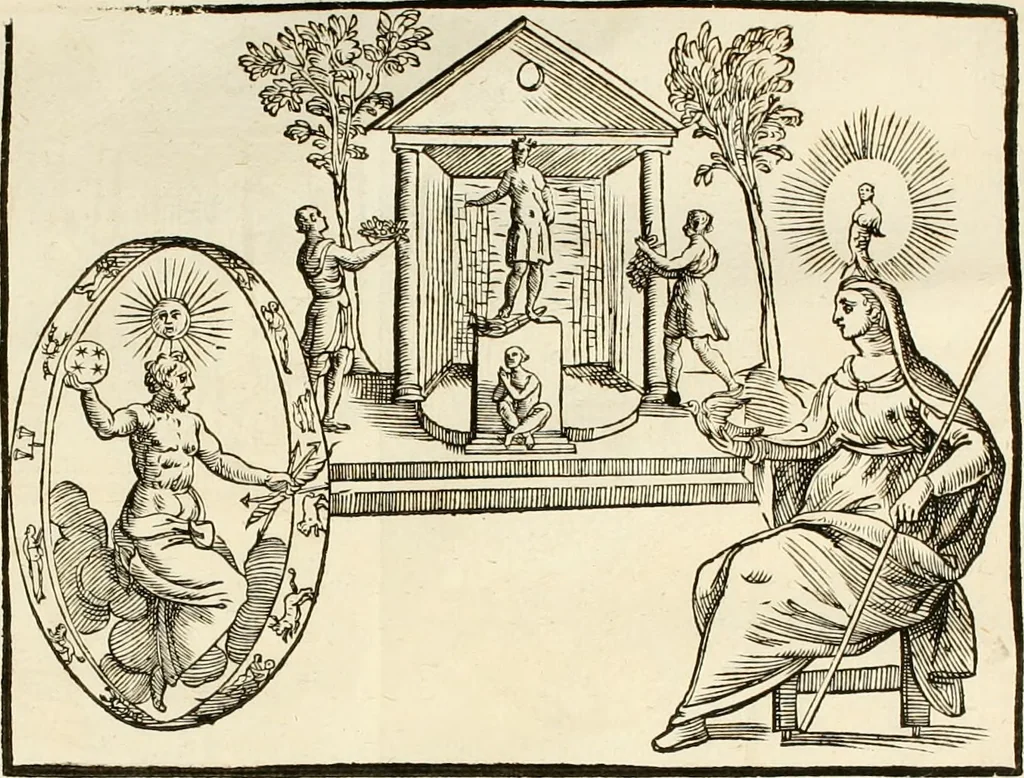 An illustration from Seconda nouissima editione delle Imagini de gli dei delli antichi di Vicenzo Cartari reggiano : ridotte da capo a piedi alle loro reali, & non più per l'adietro osseruate simiglianze : cauate da' marmi, bronzi, medaglie, gioie, & altre memorie antiche : con esquisito studio, & particolare diligenza, 1626, leaf 36